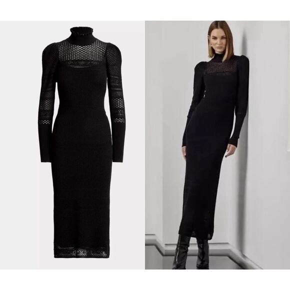 Ralph Lauren Collection Lace Puff-Sleeve Black Sweater Dress Cashmere XS 0 2 NWT - Picture 1 of 5